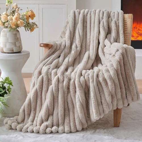 Deamsure Faux Fur Throw Blanket Thick Warm for Couch and Sofa (Linen Stiped, 50"x60")