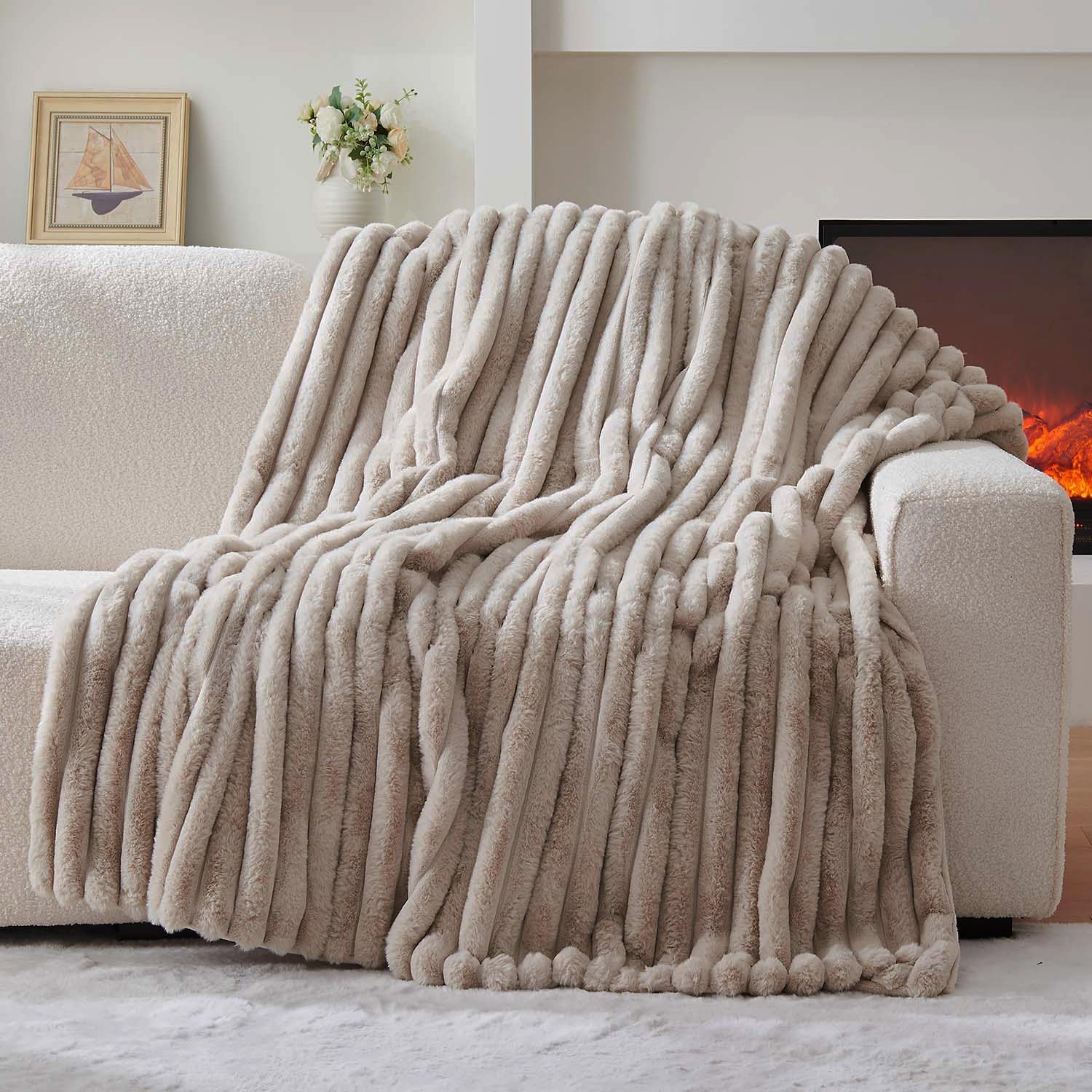 Deamsure Faux Fur Throw Blanket Thick Warm for Couch and Sofa (Linen Stiped, 50"x60")